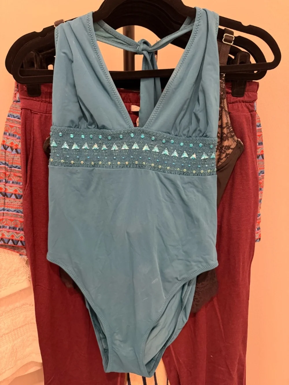 DKNY Embellished Halter One-Piece Swimsuit | Blue | Size 10 - Picture 2 of 4